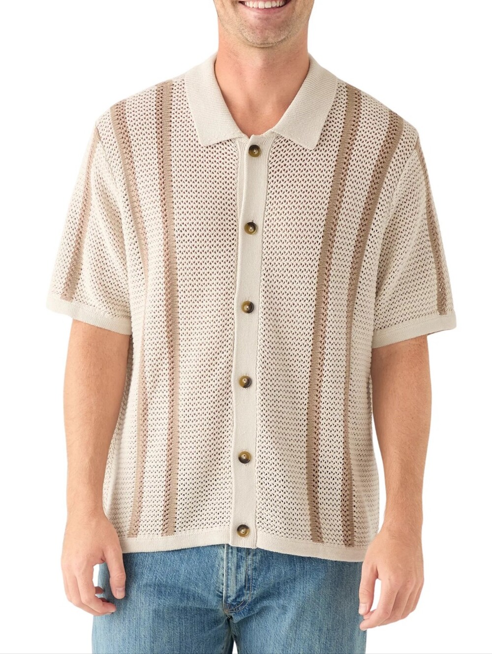 NWT Lucky Brand Border Stripe Button Down Short Sleeve Sweater Large